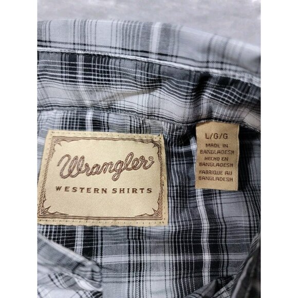 Wrangler Western Pearl Snap Large Short‎ Sleeve Shirt Gray Black Plaid Pockets - Picture 5 of 7